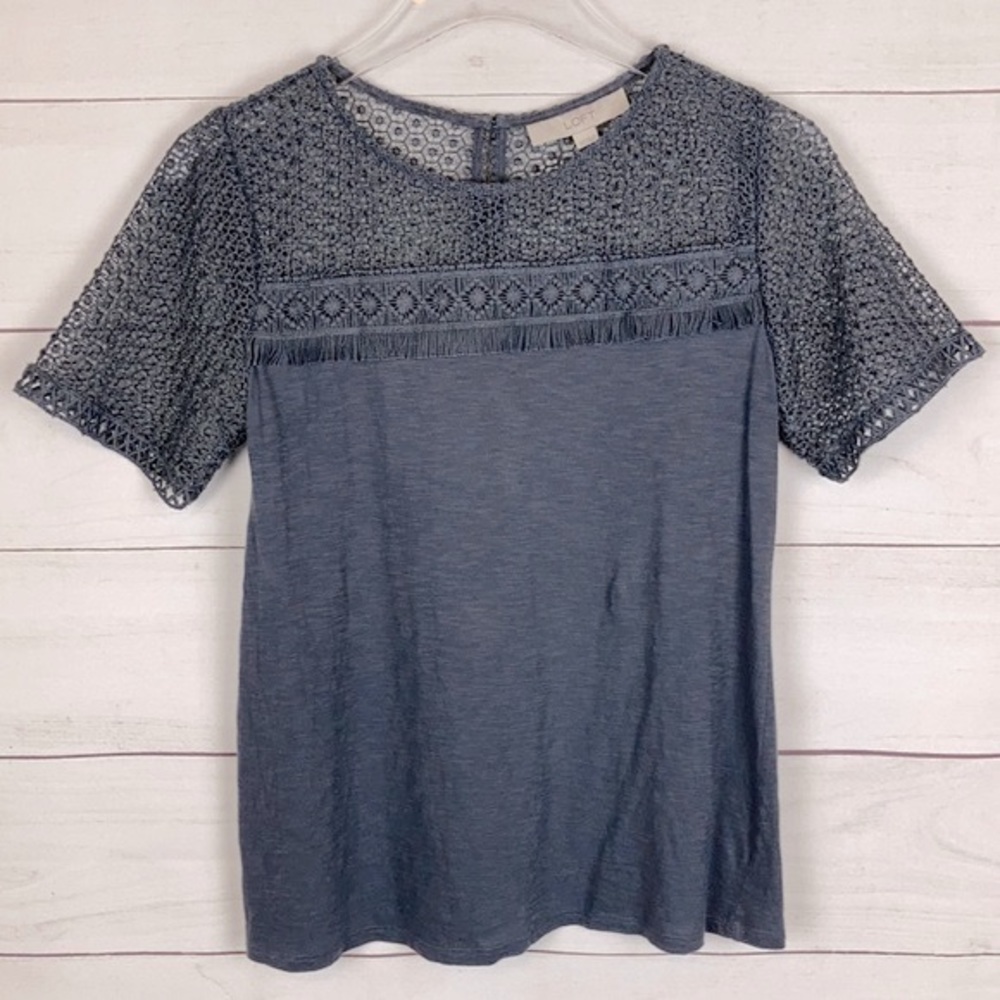LOFT Lace Fringe Tee Gray XS